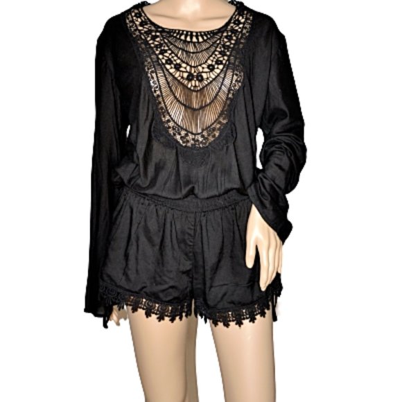 Elan Black Crocheted Open Back Romper Cover L - Picture 5 of 10